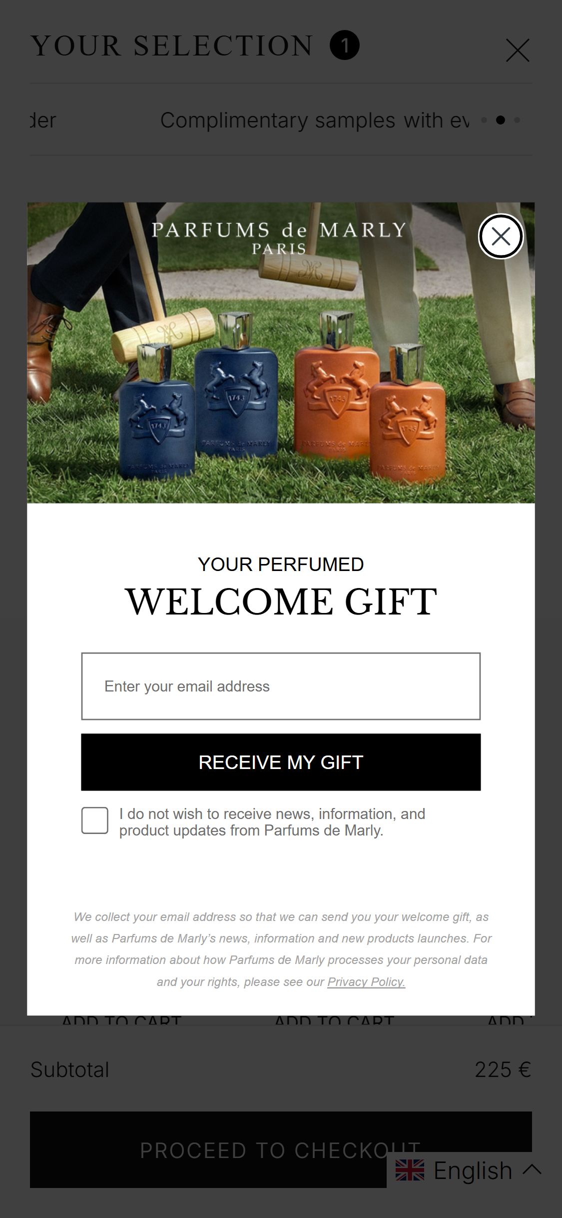 Parfums de Marly — cart with popup overlay